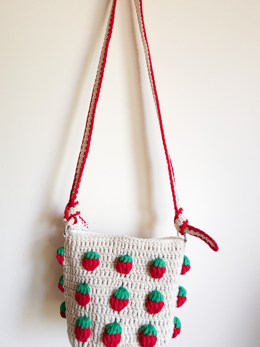 Handmade Cream Crochet Strawberry Crossbody Bag with Red Strap, Boho Tote Bag - Picture 3 of 14